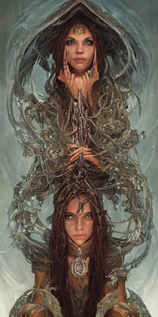 Image similar to ultra realistic illustration of cj miles as a cyber shamanic witch casting am elderit h spell, intricate, elegant, highly detailed, digital painting, artstation, concept art, smooth, sharp focus, illustration, art by artgerm and greg rutkowski and alphonse mucha