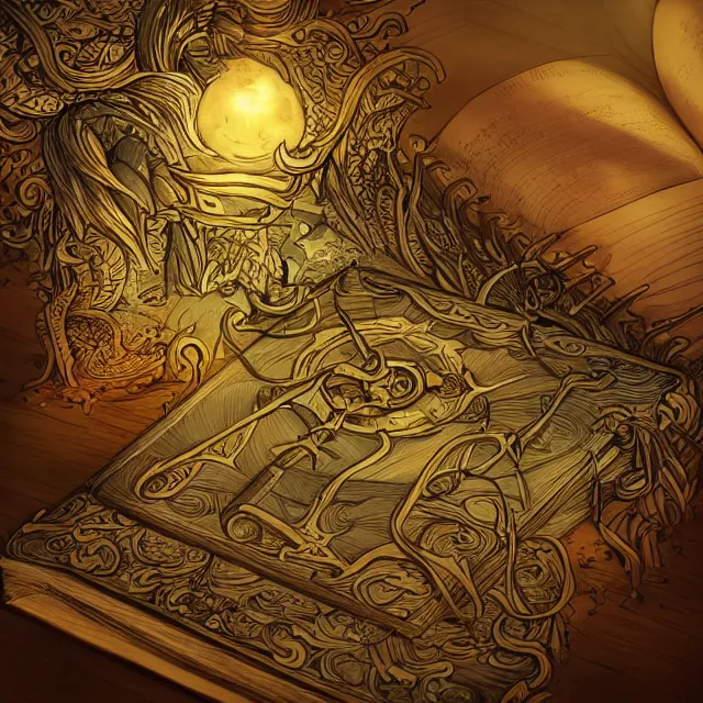 Image similar to a glowing open book laying on a wooden desk, fantasy concept art, fantasy book cover, highly detailed, intricate drawing