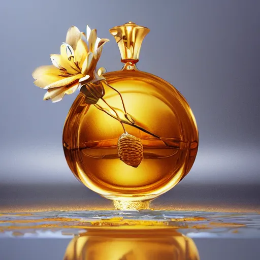 Prompt: perfume bottle in a golden puddle of rich honey, honeycomb, and gold lillies, path traced, environment, highly detailed, concept art, realistic, octane render, up close shot shinji aramaki, karol bak, alphonse mucha