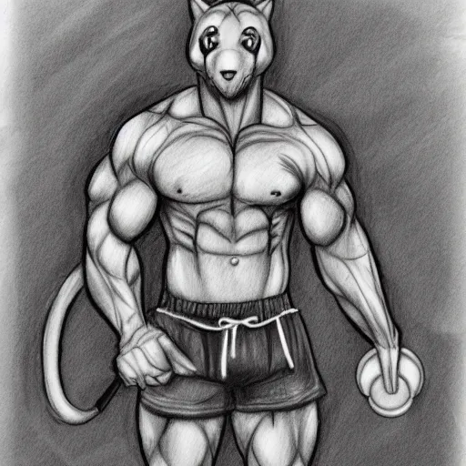 Image similar to master furry artist pencil sketch full body portrait character study of the anthro male anthropomorphic wolf fursona animal person wearing gym shorts bodybuilder at gym