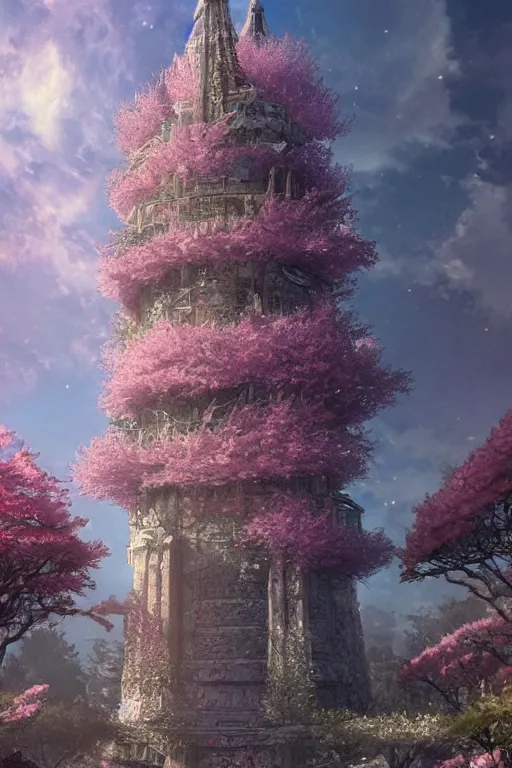 Image similar to hyperdetailed ancient wizard tower with sakura trees, cinematic highly detailed artstation hyperstylized illustrated by moebius and yoshitaka amano