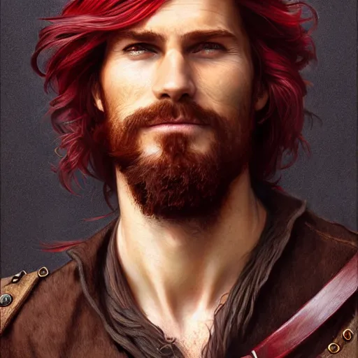 Image similar to portrait of a young ruggedly handsome but joyful pirate, male, masculine, upper body, deep red crimson hair, long hair, d & d, fantasy, roguish smirk, intricate, elegant, highly detailed, digital painting, artstation, concept art, matte, sharp focus, illustration, art by artgerm and greg rutkowski and alphonse mucha