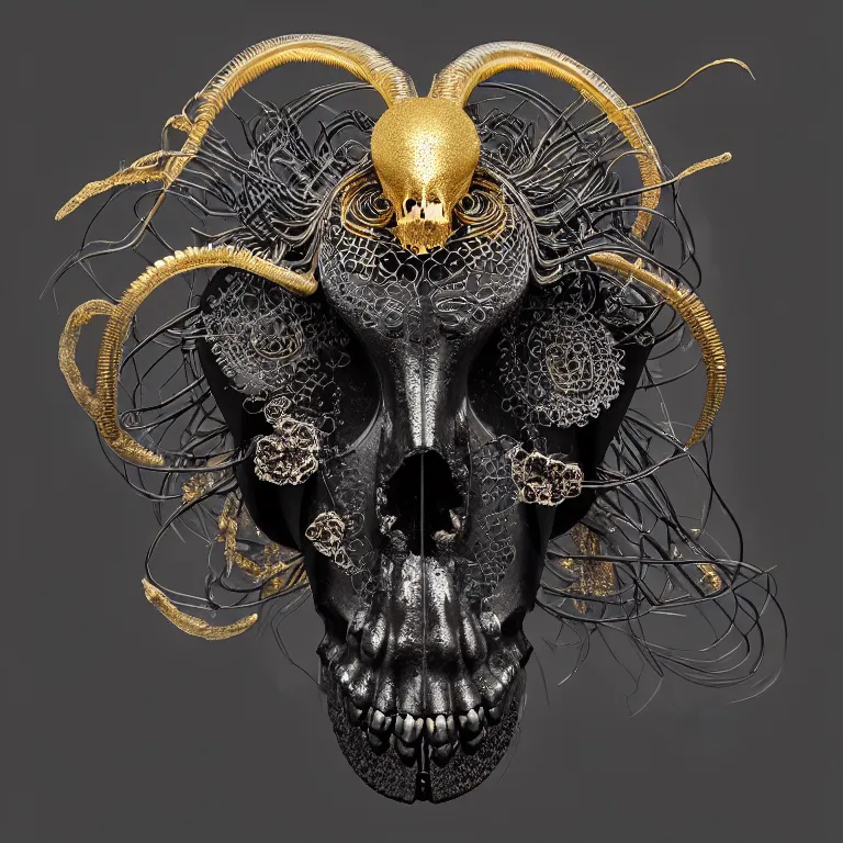 Image similar to black background. absolutely symmetrical sculpture. centered. goddess princess face close-up portrait ram skull. sculpture made of gold and black charcoal. jellyfish phoenix head, nautilus, orchid, skull, betta fish, bioluminiscent creatures, intricate artwork by Tooth Wu and wlop and beeple. octane render, trending on artstation, greg rutkowski very coherent symmetrical artwork. cinematic, hyper realism, high detail, octane render, 8k