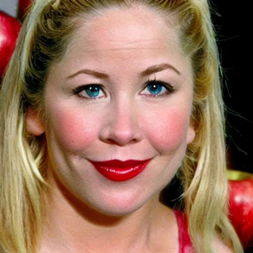Prompt: an apple wearing christina applegate's face