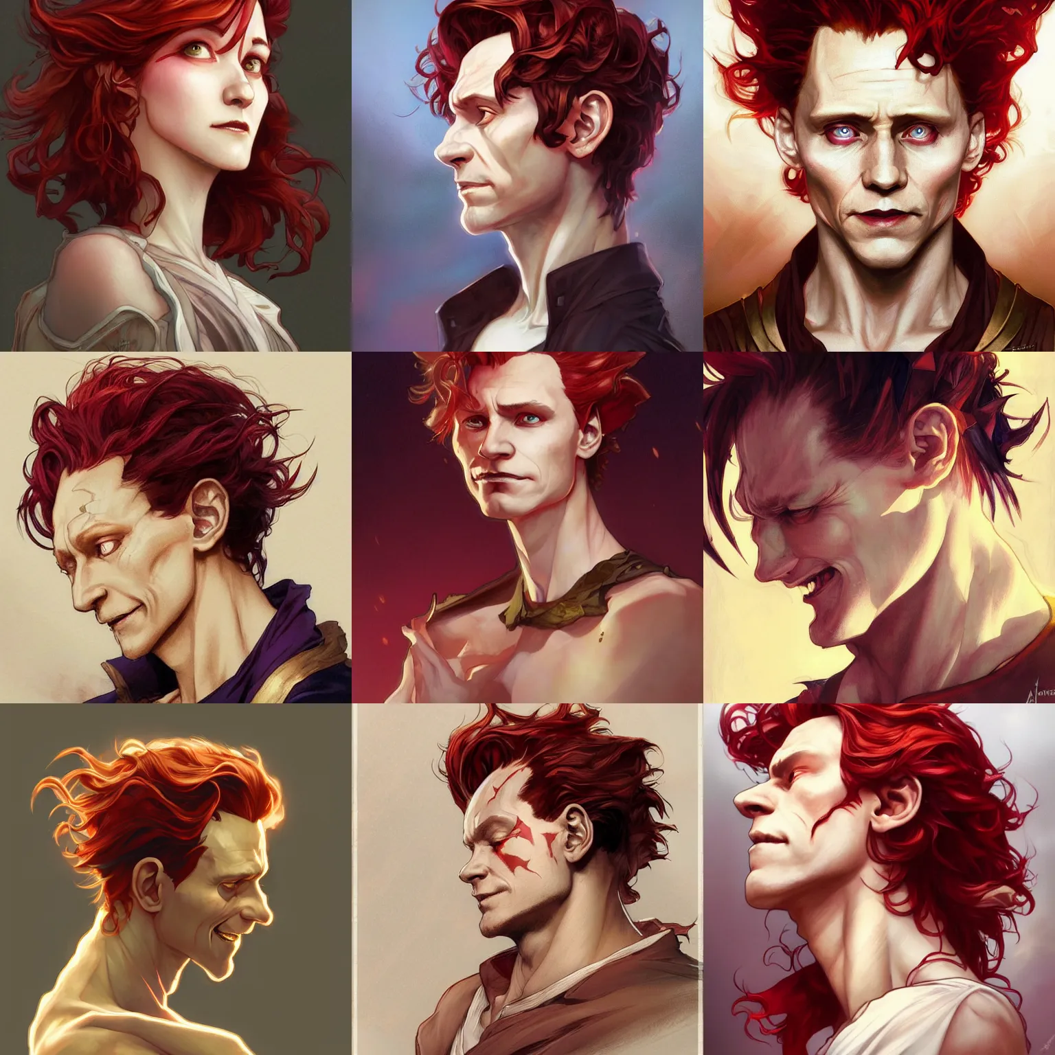 Prompt: hisoka, tom hiddleston, art by artgerm and greg rutkowski and alphonse mucha, smirking face, reddish hair, d & d, fantasy, portrait, highly detailed, side profile, digital painting, trending on artstation, concept art, sharp focus, illustration