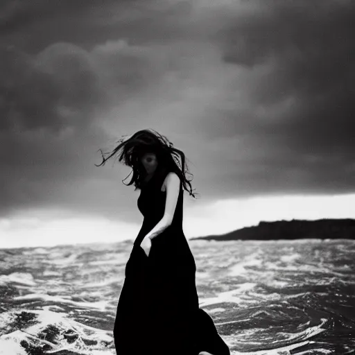 Prompt: A visibly melancholic sad and astonishingly beautiful hamburger in the middle of the ocean. tumultuous sea. cloudy. long wavy hair. long wavy white dress. black and white. 24mm lens. shutter speed 1/30. iso 350. f/5.6 W-1024