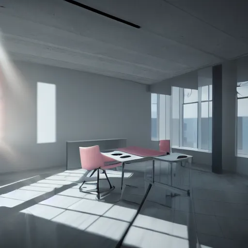 Image similar to a white empty pink office with sun rays looming down, with a pool inside, dynamic lighting, photorealistic concept art, trending on art station, stunning visuals, creative, cinematic, ultra detailed, ray tracing