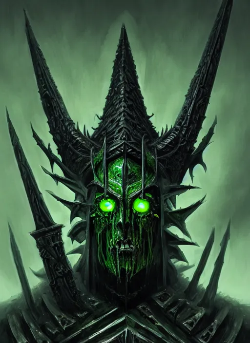 Prompt: portrait of nagash sitting atop his black pyramid, spirits of the dead, evil, grim dark, gloomy, mist, warhammer 4 0 k, onyx, intricate, elegant, evil green candles, highly detailed, digital painting, artstation, concept art, smooth, sharp focus, illustration, art by wlop, mars ravelo and greg rutkowski