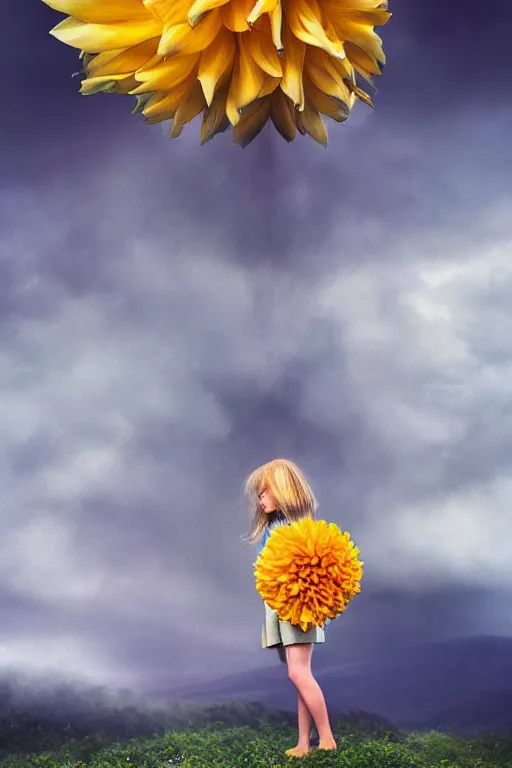 Prompt: closeup girl with giant yellow dahlia flower head, standing on mountain, surreal photography, blue storm clouds, dramatic light, impressionist painting, digital painting, artstation, simon stalenhag