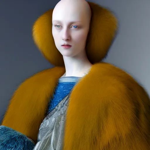Image similar to a show design by leonardo davinci design by balenciaga ,fur, blue and yellow,pastel colours , hyperrealistic, highly detailed, fashion design,baroque,matte painting, concept art, hdri, 4k