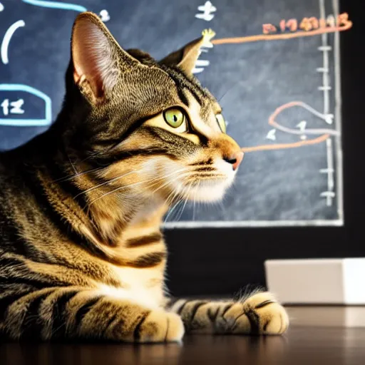 Image similar to A cat studying quantum physics, with a whiteboard with equations in the background