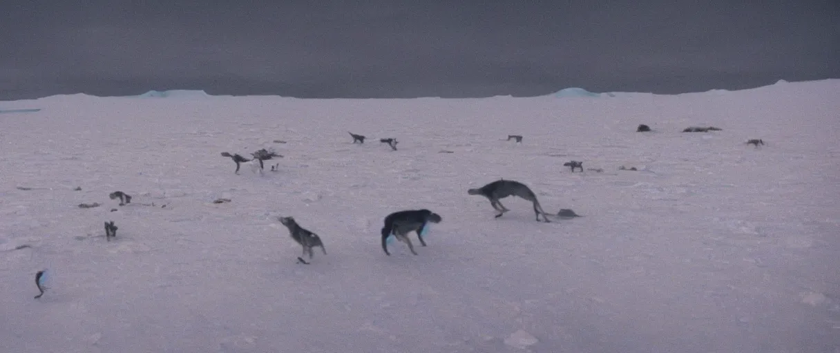 Image similar to filmic extreme wide shot movie still 4 k uhd interior 3 5 mm film color photograph of a bunch of creatures running around mcmurdo station in antartica at night