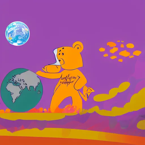 Image similar to cartoon illustration of a bear mascot being launched from a futuristic marble planet, purple and orange cloudland