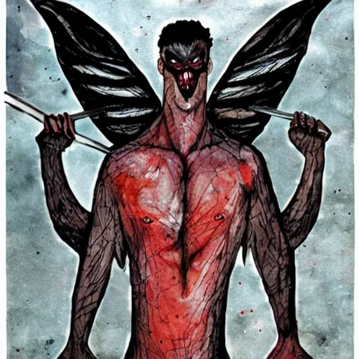 Image similar to comic strip loose, subtle by paul lovering. mixed media art. a large, muscular demon - like creature with wings, standing in a dark, hellish landscape. the creature has red eyes & sharp teeth, & is holding a large sword in one hand.