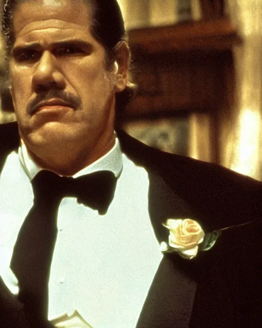 Image similar to film still close up shot of ron perlman as vito corleone from the movie the godfather. photographic, photography