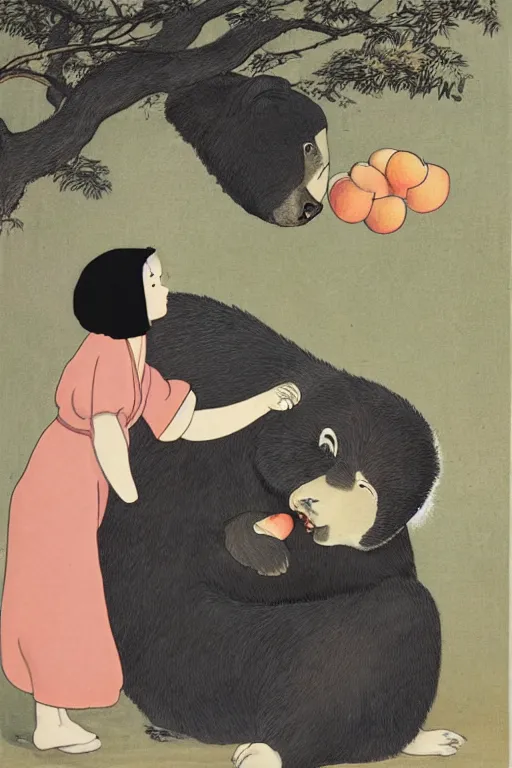 Image similar to portrait of a girl giving a peach to a large anthropomorphic asian black bear, in the style of foujita tsuguharu