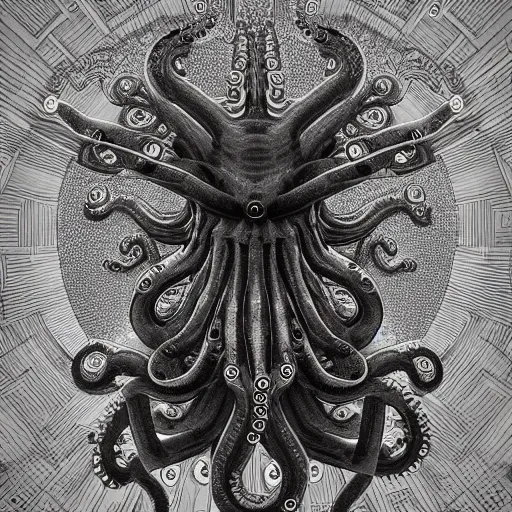 Prompt: octopus deity by jeffrey smith and wlop and gustave dore, featuring engine, circuitry, code, binary, cryptonomicon, dmt entity, ambient occlusion, 3 d concept render, scientifically accurate, artstation, intricate, beautiful, look at that detail!