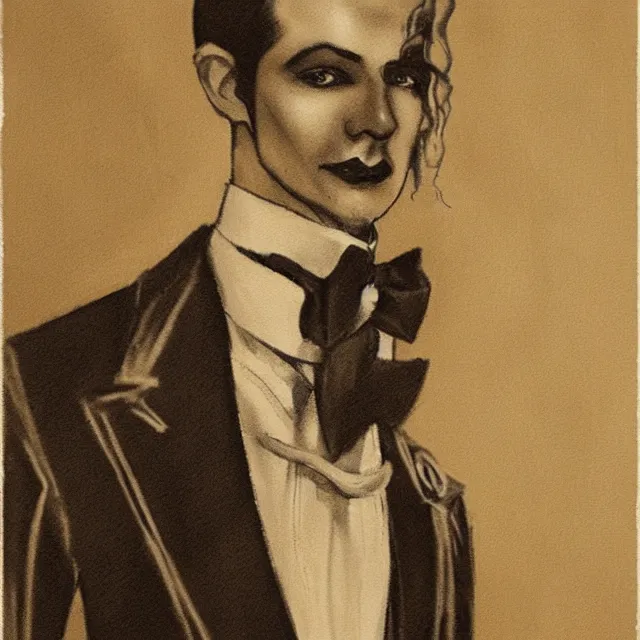 Image similar to photorealistic sepia full - head portrait of a 1 9 2 0 s era smirking male occultist, well dressed, long - tailed tuxedo coat, atmospheric lighting, dark, brooding, painted, intricate by chris cunningham, ultra detailed, well composed, best on artstation, cgsociety, epic, stunning, gorgeous, intricate detail, much wow, masterpiece