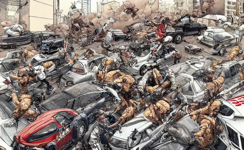 Image similar to action shots of a high speed car chase through a crowded street illustrated by jung gi kim, katsuya terada, jean - david morvan. extremely detailed illustration, action shots, striking perspective