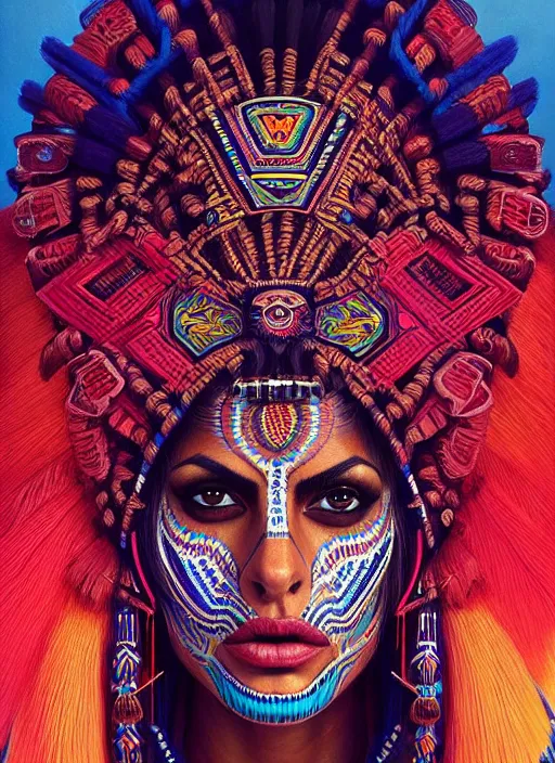 Image similar to portrait of eva mendes, hyper detailed ultra sharp aztec shaman warrior. trending on artstation, warpaint aesthetic, bloodwave, colorful, psychedelic, ornate, intricate, digital painting, concept art, smooth, sharp focus, illustration, art by artgerm and greg rutkowski and h. r. giger, 8 k