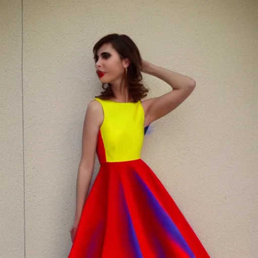 Prompt: A beautiful dress colored red, blue, yellow