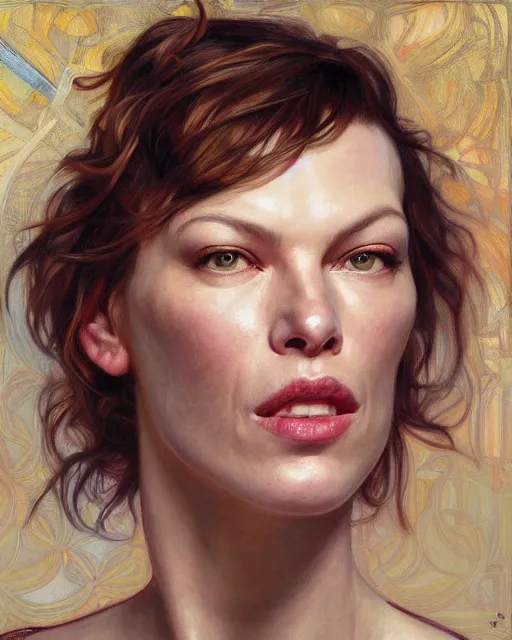 Prompt: portrait of a Milla Jovovich by Mandy Jurgens and Richard Schmid and chuck close and mucha