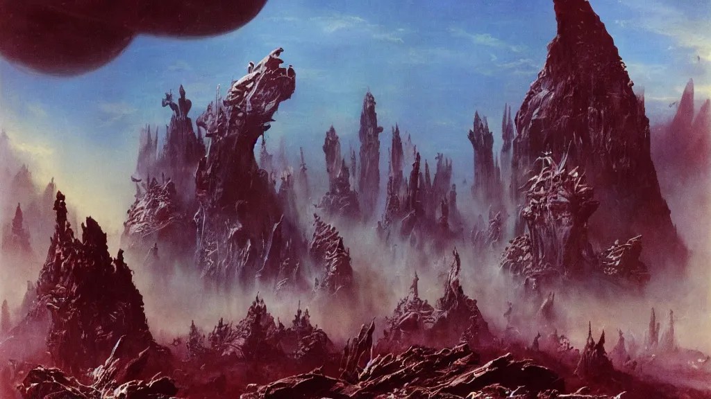 Image similar to surreal eerie alien planet empire by frank frazetta and bruce pennington, cinematic matte painting