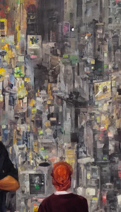 Image similar to television screens glare out from every angle, detailed painting of a man standing in a city with his eyes open but everyone else has their eyes closed