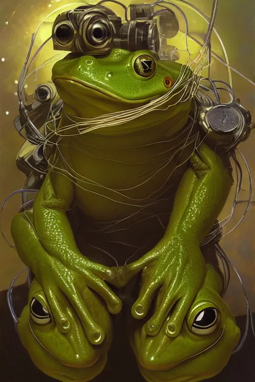 Image similar to hyperrealist portrait of a humanoid frog dressed as a space sport engineer, it is decorated with long wires that fall like vines and wears small computers over their body. by jeremy mann and alphonse mucha, fantasy art, photo realistic, dynamic lighting, artstation, poster, volumetric lighting, very detailed faces, 4 k, award winning