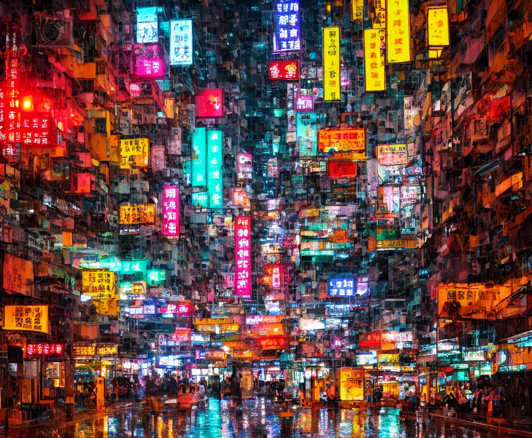 Image similar to neo hong kong, rainy atmosphere, night time, bright lights, colorful signs, busy streets, high res, kowloon