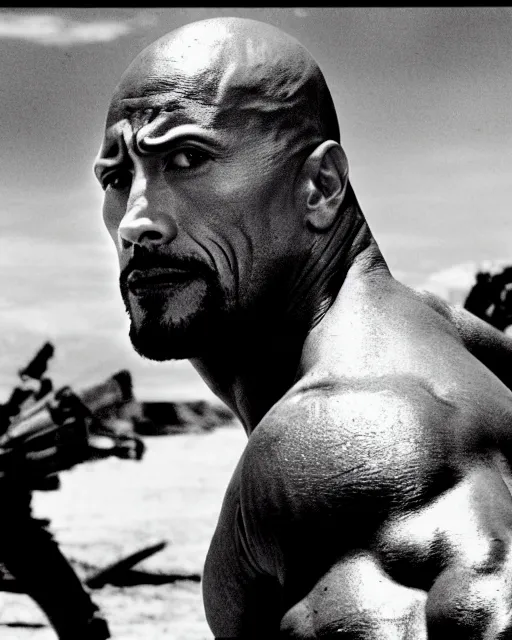 Image similar to film still close up shot of dwayne johnson in the movie mad max 2 the road warrior. photographic, photography