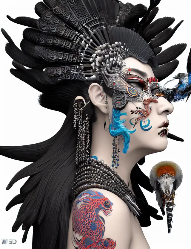 Image similar to 3 d goddess close - up profile portrait punk with mohawk with ram skull. beautiful intricately detailed japanese crow kitsune mask and clasical japanese kimono. betta fish, jellyfish phoenix, bio luminescent, plasma, ice, water, wind, creature, artwork by tooth wu and wlop and beeple and greg rutkowski