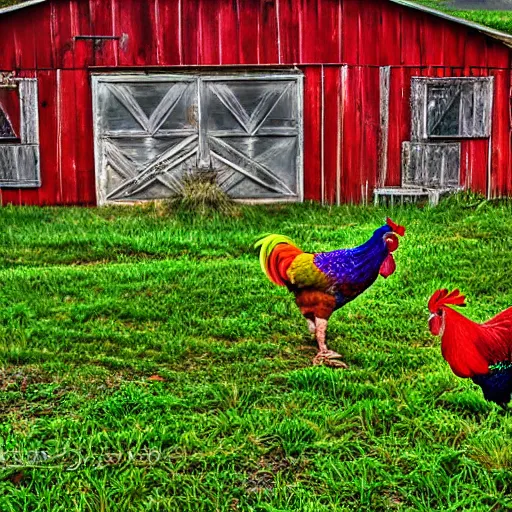 Prompt: Rainbow Roosters and Chickens Near a barn in a farm yard HDR