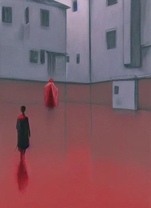 Image similar to futuristic woman dressed in transparent red plastic bags, on flooded street Edward Hopper and James Gilleard, Zdzislaw Beksinski, highly detailed