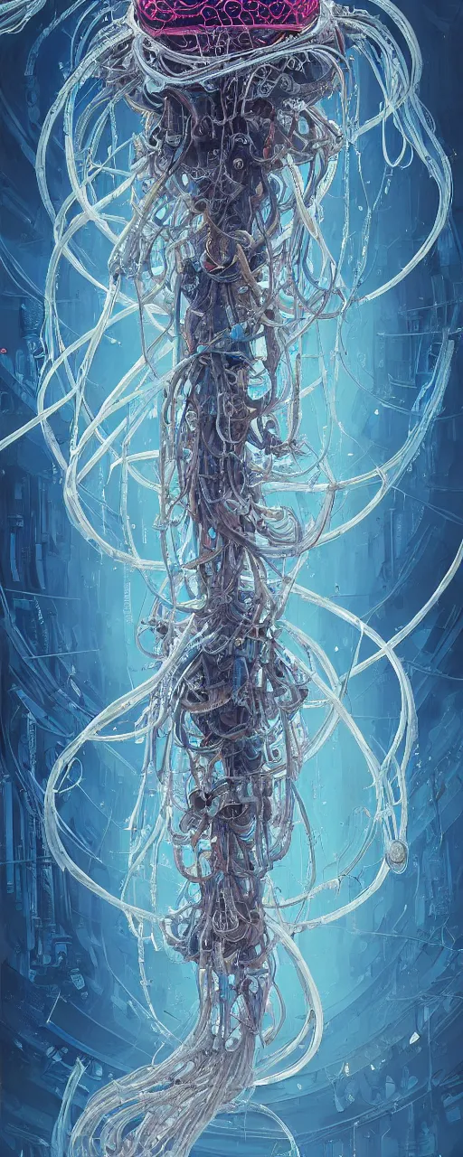 Image similar to a hyper detailed painting of a cyberpunk jellyfish, cables everywhere, blue tones, underwater, highly detailed, digital painting, artstation, concept art, smooth, sharp focus, illustration, art by artgerm and greg rutkowski and alphonse mucha