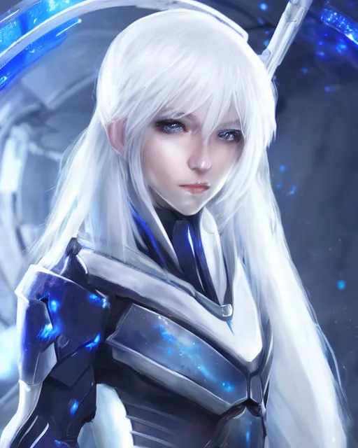 Prompt: perfect white haired girl, warframe armor, beautiful, dreamy, half asian, pretty face, blue eyes, detailed, scifi platform, laboratory, experiment, 4 k, ultra realistic, epic lighting, cinematic, high detail, masterpiece, akihito tsukushi