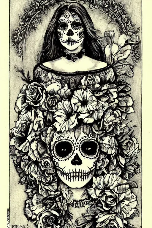 Image similar to Illustration of a sugar skull day of the dead girl, art by louis rhead