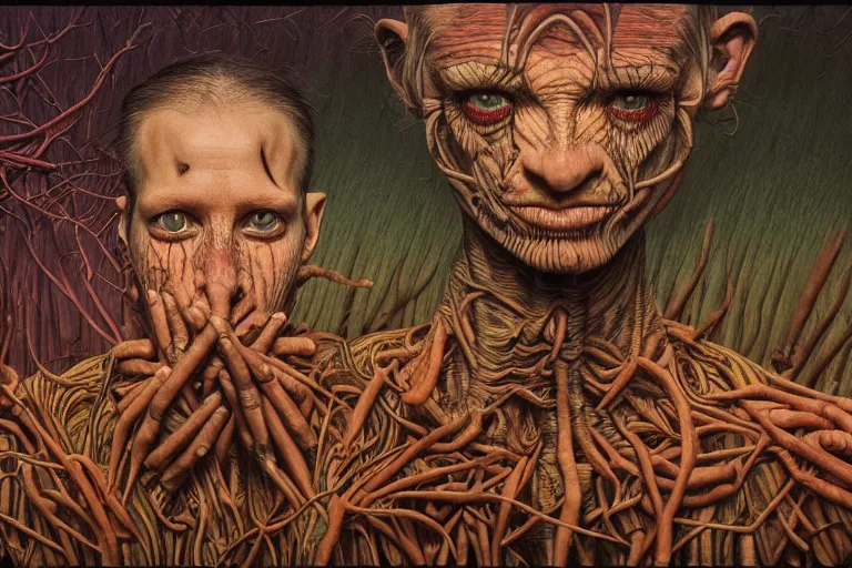 Image similar to 35mm color, mental health, portrait, fashion shoot, freak show, weird, random, strange, hyperdetailed, photorealistic, interesting, humans enslaved by robots, detention centre, by David la chapelle and karol bak and david cronenberg and WETA digital, art by Zdzisław Beksiński, Ivan Bilibin, Dariusz Zawadzki , James jean, ID magazine, octane rendering, cinematic, hyperrealism, octane rendering, 8k, depth of field, bokeh.