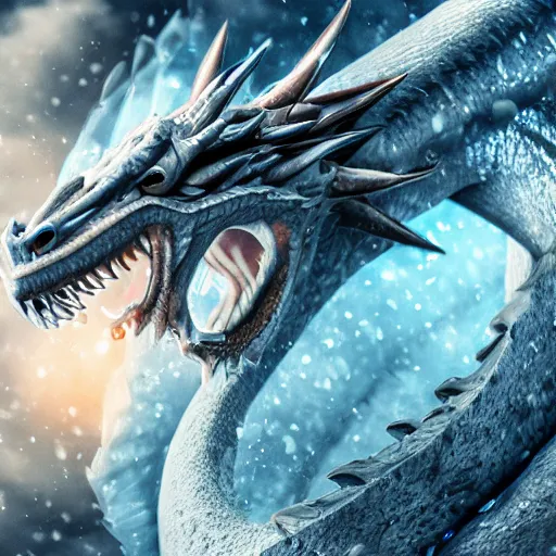 Image similar to a dragon shooting ice out of its breathe, cinematic shot, 8 k, digital art, hd, exquisite detail