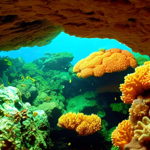 Image similar to inside a cave with a coral reef, photo