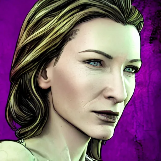 Image similar to cate blanchett portrait, borderlands, tales from the borderlands, the wolf among us, comic, cinematic lighting, studio quality, 8 k