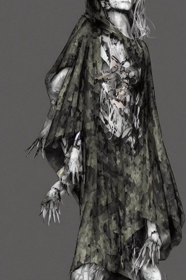 Prompt: realistic render, digital fashion, beautiful witch-woman in tactical camouflage poncho designed by alexander mcqueen and acronym, rim light, high key, ultra detailed, concept art, hyperdetailed