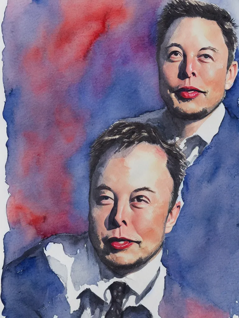 Image similar to a portrait of elon musk with an imperial beard. watercolors