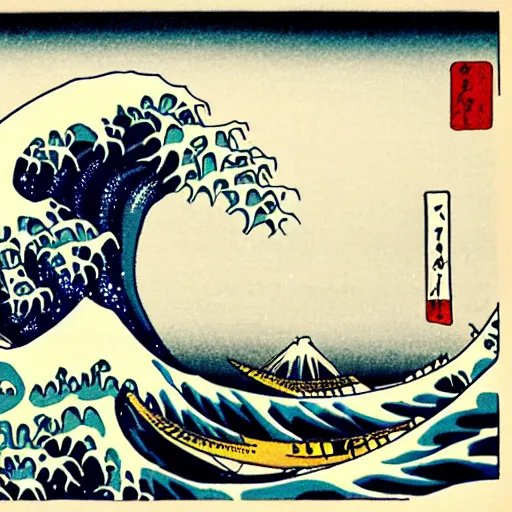 Prompt: whale about to swallow a swimming man, woodblock print, style of hokusai, fine art, style of the great wave off kanagawa, painting