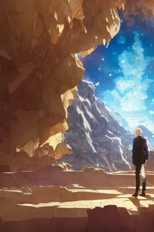 Image similar to walter white enjoying the view of a majestic crystal cliff, high intricate details, rule of thirds, golden ratio, cinematic light, 8 k, octane render, anime style, graphic novel by fiona staples and dustin nguyen, art by beaststars and orange, peter elson, alan bean, studio ghibli, makoto shinkai