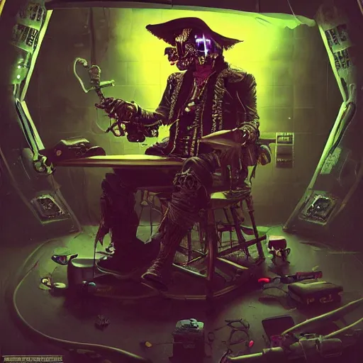 Image similar to a cyberpunk hacker pirate captain skeleton with a pirate hat sitting in front of a crt monitor programming in a dark room, light coming from crt monitor, highly detailed, intricate, digital art, trending on artstation, trending on cgsociety, by greg rutkowski