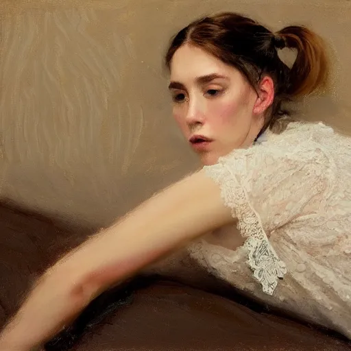 Image similar to girl with pigtails hairstyle, lace dress, reclining pose, jeremy lipking, joseph todorovitch, timothy rees