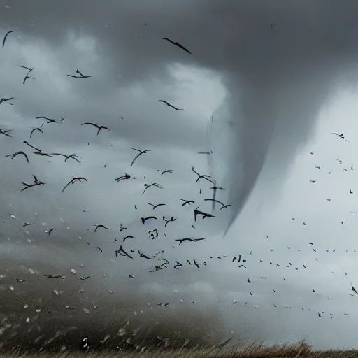 Prompt: a tornado!! made of seagulls, windy, cloudy, realistic reflections, cinematic lighting