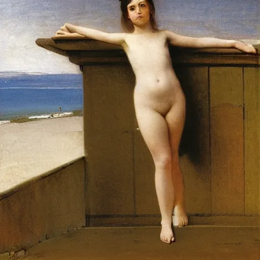 Prompt: A girl on the front of a Balustrade with costa blanca beach on the background by paul delaroche