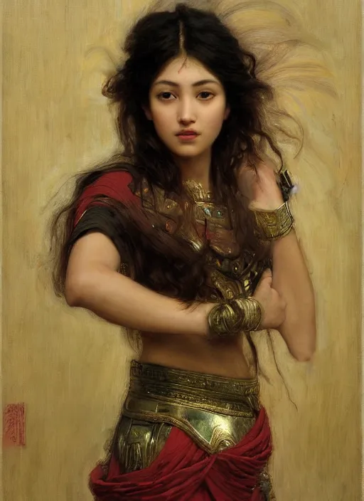 Image similar to beautifull asian cyborg broken head bangs curly Iranian orientalist portrait by john william waterhouse and Edwin Longsden Long and Theodore Ralli and Nasreddine Dinet, oil on canvas. Cinematic, hyper realism, dramatic lighting, high detail 4k